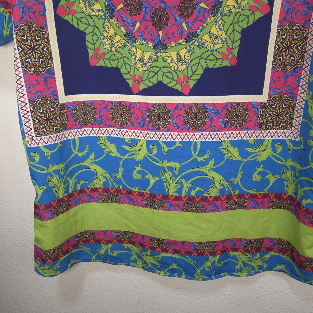 Mens Boohoo Size L Neon Green Blue Hawaiian Paisley T Shirt Short Sleeves Button - Picture 10 of 15